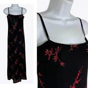 Kaya Maxi Dress Sz M Black Mesh Red Floral Sequin Fairy Grunge Whimsigoth Y2K